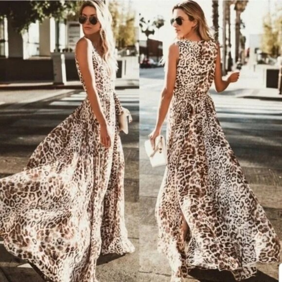 Vici Diana Leopard Print V Neck Flowy Maxi Dress  Brown White Small - Picture 1 of 16